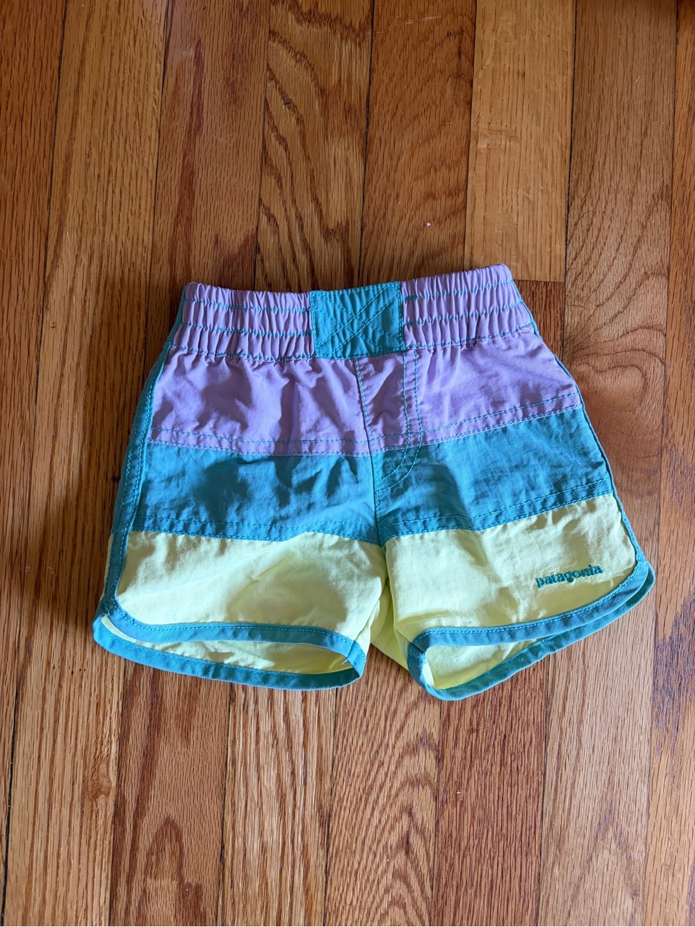 Patagonia Kids Colorblock Shorts in Lavender, Teal & Pale Yellow